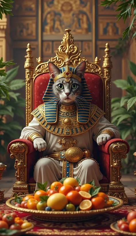 egyptian cat king with egyptian dress sitting in the king chair and eating fruits