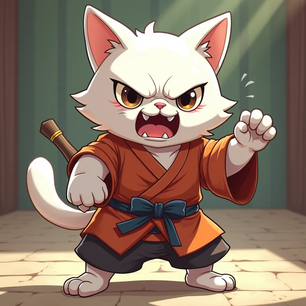 A white angry muscular cat in a black japanese monk attire offshoulder, cute cartoon style.