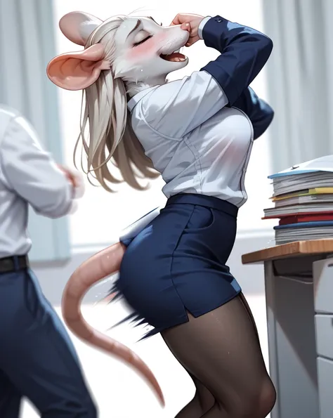 beautiful furry rat , (rub motion blur:1.3) , office uniform , (orgasm) , rub crotch by hand