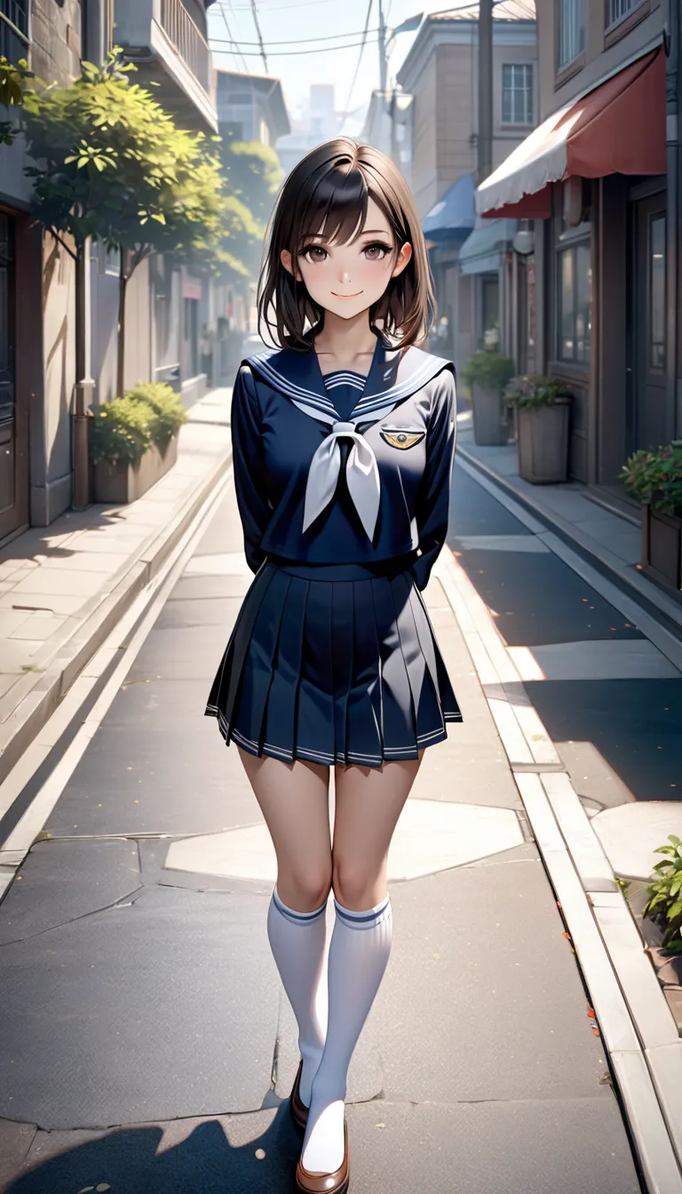 ((masterpiece)), 8k, best quality, realistic, very beautiful girl, medium breasts, slender, dark hair, dark eyes, shy, smiling, white over knee high socks, sailor uniform, miniskirt, arms behind back, standing, morning, sidewalk, above knee, looking at vie...