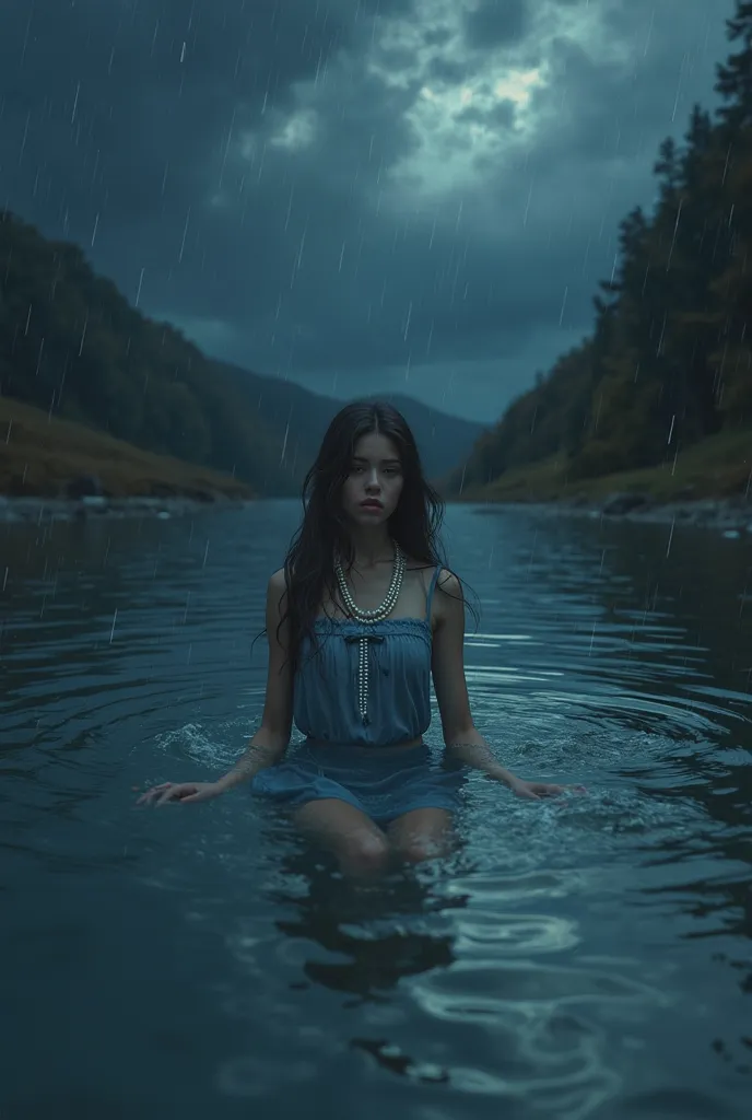 The long-haired girl wears a blue antique bow dress, wears a necklace as white pearls, swims in the middle of the river, is crying, the sky turns black, with blue, heavy rain.