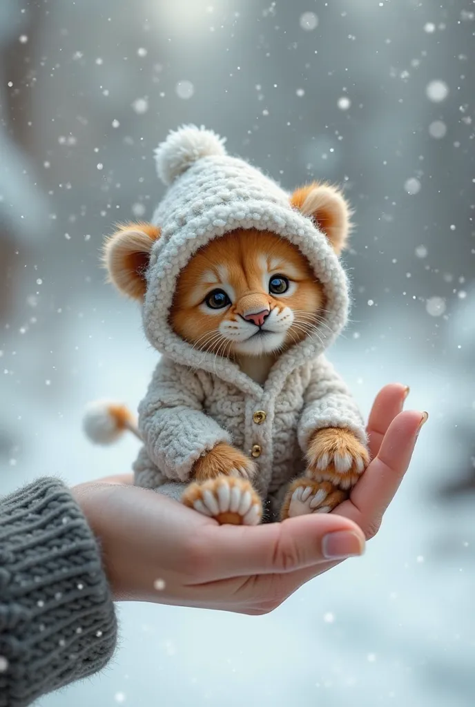 Create a hand of a person holding a cute little lion in a snowy suit and that the environment is snowing