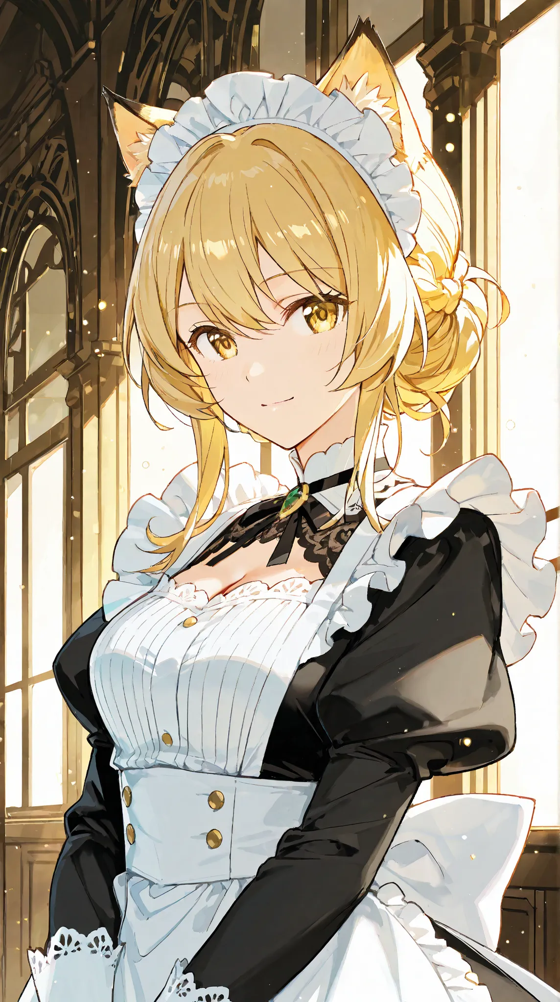 "A stunning anime-style illustration of a mature catgirl maid in her mid-20s with short, golden blonde hair, sharp golden eyes, and feline ears. She wears a refined black and white maid outfit, tailored for a sophisticated look, with gold accents and elega...