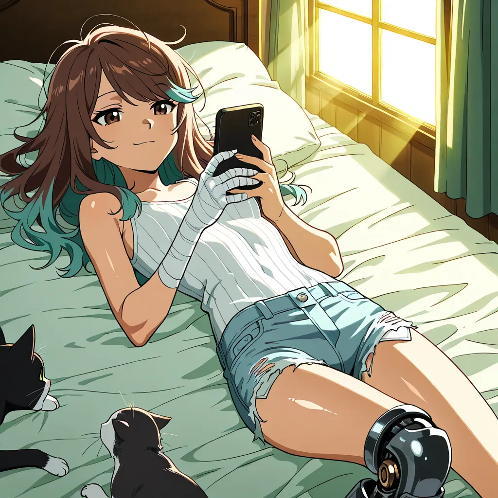 Masterpiece, best quality, amazing quality, close up, solo, laying down on back, slight smile, looking at phone, prosthetic right leg, thin thighs. thin legs, brown eyes, messy hair, very long brown hair with teal highlights, white tank top, bandaged hands...