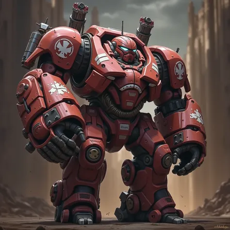 man/ In a giant suit of armor/ Hi Tech/ big/ war weapon/  color red/  white detail/ Weapons all over the body/ Army/ Realistic/ 16k/ highly detailed/ futurist/ 