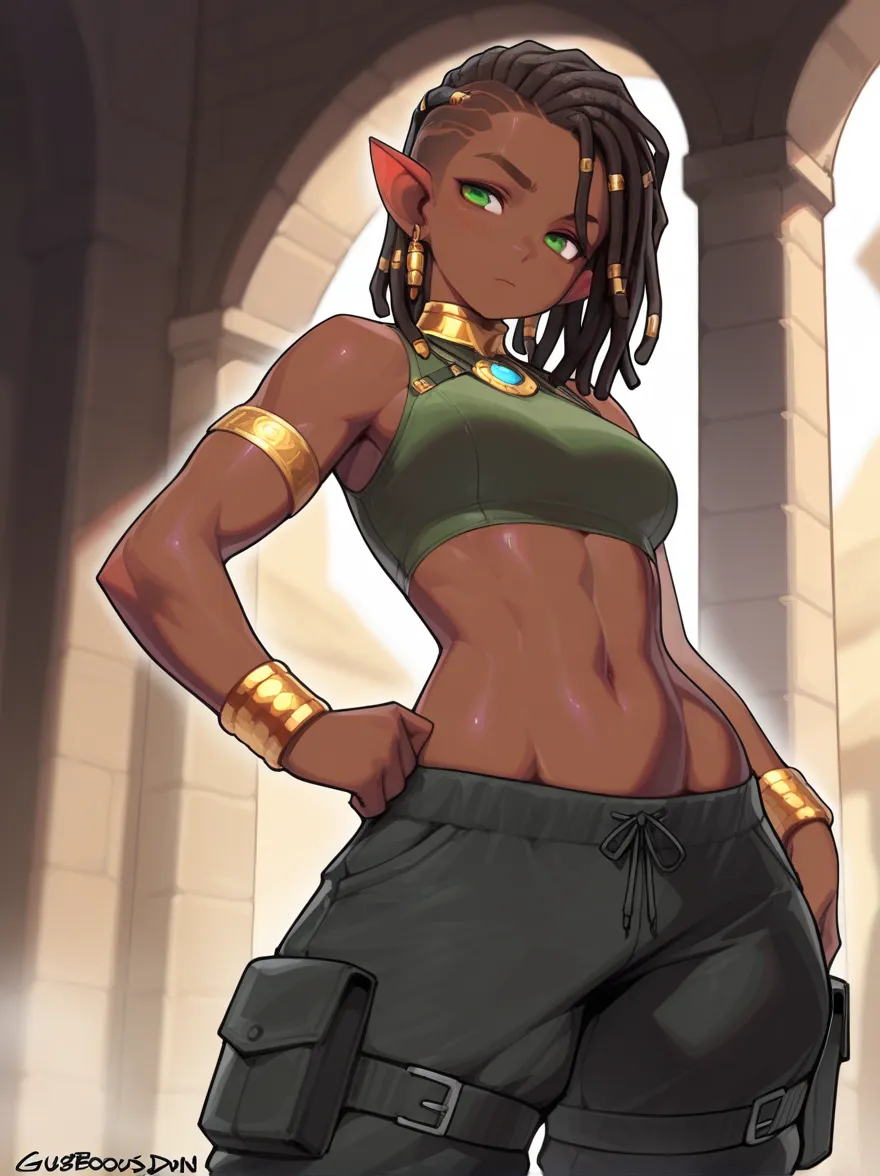 Gorgeous DnD halfling girl, solo female, african features, african girl, petite, small figure, dark brown skin, short stature, golden collar, golden bracelets, golden jewelry, dreadlocks, dreadlock hair, athletic build, curvy body, sexy and adorable, Dunge...