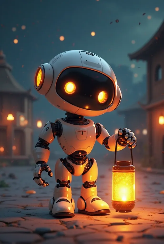 "Create an image of an adorable robot holding a glowing lantern at night. The robot should have a friendly, cute design with big expressive eyes and a futuristic yet soft look. The scene should have a warm and cozy atmosphere, with a touch of Ramadan spiri...