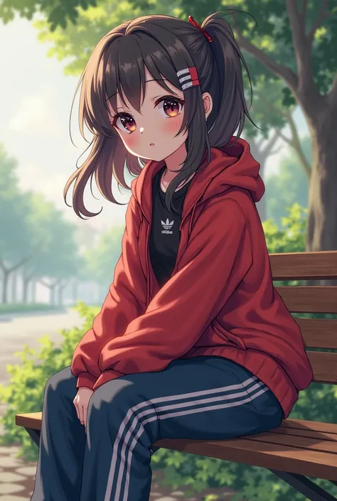 anime girl is wearing red long sleeved hoodie with black shirts and dark blue adidas long pants with yellow three stripes  is sitting the bench