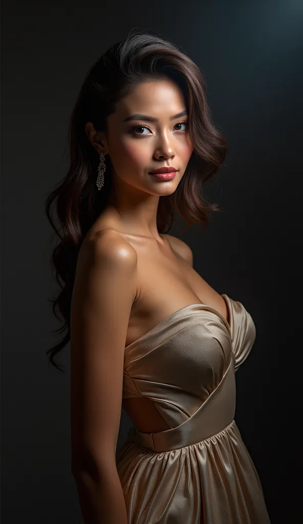 a Philippines woman, beauty pageant contestant, standing in front of jury, dramatic pose, studio lighting, high-contrast,cinematic,chiaroscuro,award ceremony,dramatic expression,professional makeup,elegant evening gown,confident,poised,4K,ultra-detailed,ph...