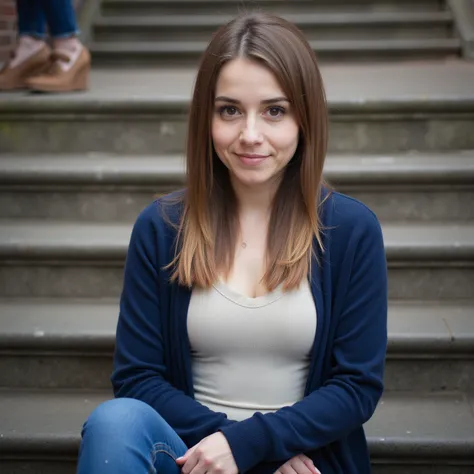 woman sitting on stairs. Has a blue sweater on. and sneakers. .  style photorealistic , impressionist,  sharp focus, very detailed, Detail,  full body