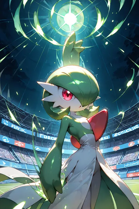 (gardevoir, green_hair, green_skin, hair_over_one_eye,),(body strembling),(psychic powers),(cheering),((fairy dust particles)),(sweaty), (dramatic action, dynamic pose, sexy pose),((sexy stocking:1.3)),(pokemon theme stadium), dynamic pose, dramatic action...