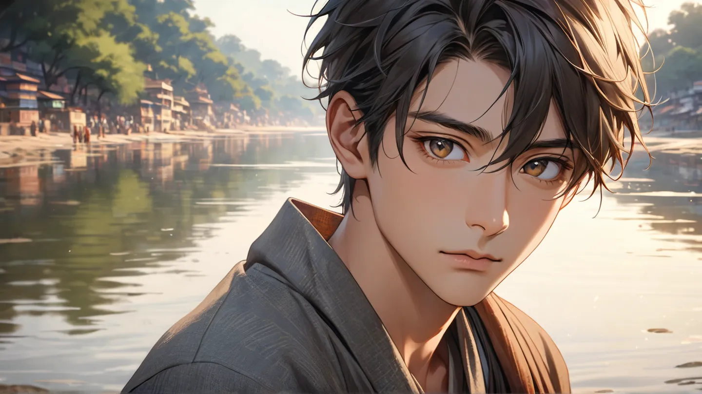 ((photorealism:1.2),   very Handsome japanese man, Japanese only, 22-27 year-old, travel india by now, background is Ganges River, day time, look at camera 