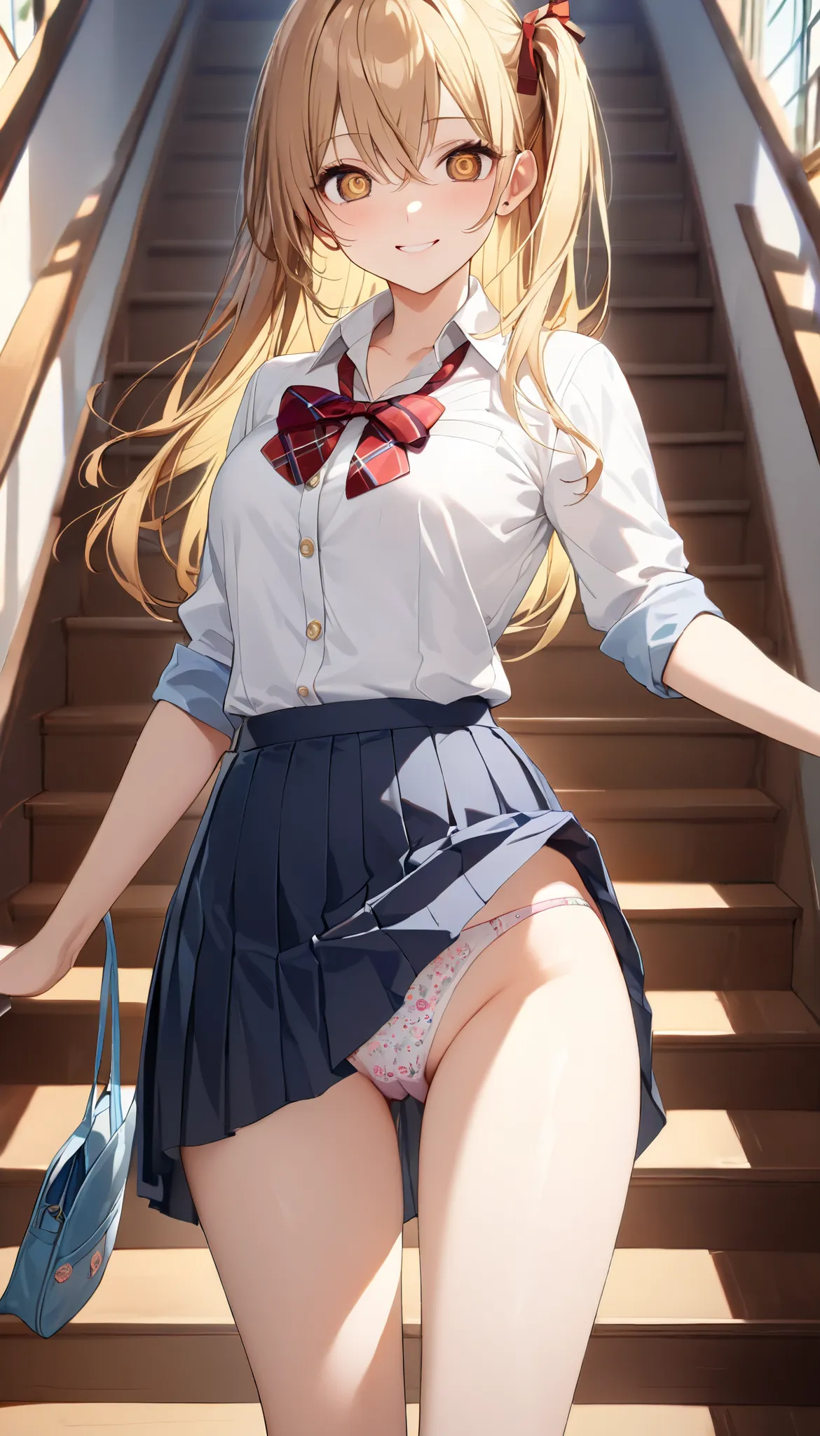  is an anime girl in uniform posing on the stairs、Her butt is exposed and the golden hair 、(Brown Eye Degree:1.5)、 one side up、ヘアribbons、ribbons、length、Break the blazer、 blue skirt 、jacket、pleated skirt with index finger、 school uniform、Summer clothes、brea...