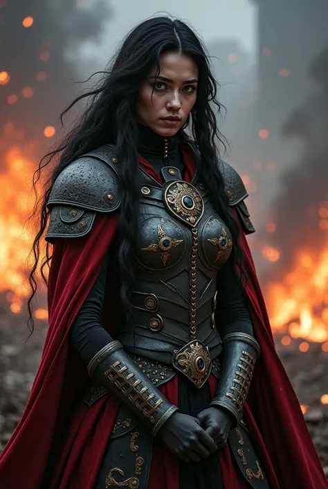 Complete body stance matriarch of holy warfare, red, black, and white plating, religious emblems on the armor, crusades, fair complexion, cleavage, lengthy cascading black hair with white streaks, bold makeup, at nighttime, intricately designed divine hamm...