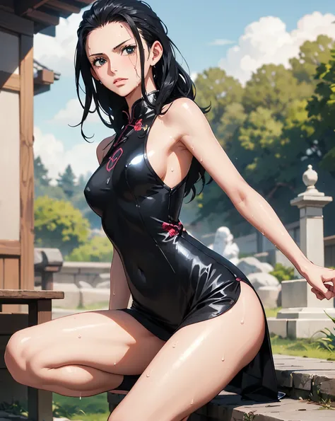 Nico Robin, Nico Robin face, Nico Robin hair style, long hair, 1girl, solo, red cheongsam, show armpit, masterpiece, best quality, realistic, hyper-detailed, (shiny skin, sweaty:1.4), looking at viewer, slender, dynamic lighting, high resolution, sharp foc...