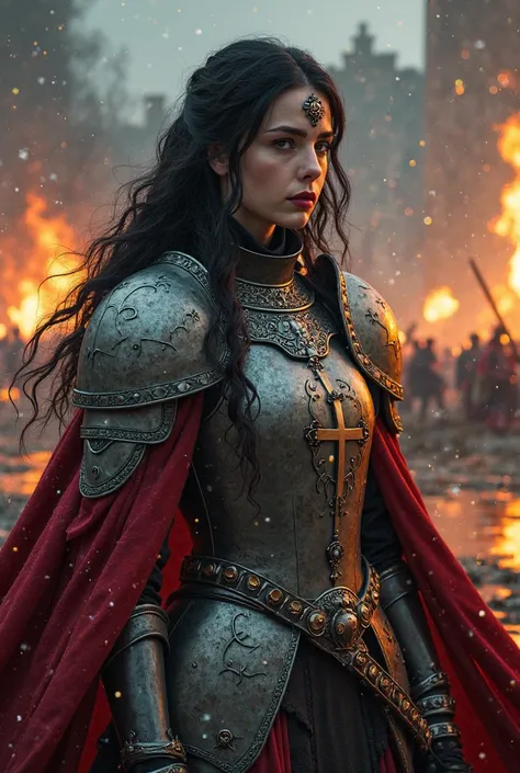 Complete body stance matron of sacred conflict, crimson, ebony, and ivory armor, spiritual icons on the armor, crusades, fair complexion, décolletage, cascading long black hair with silver accents, bold makeup, at nighttime, elaborate detailed divine hamme...