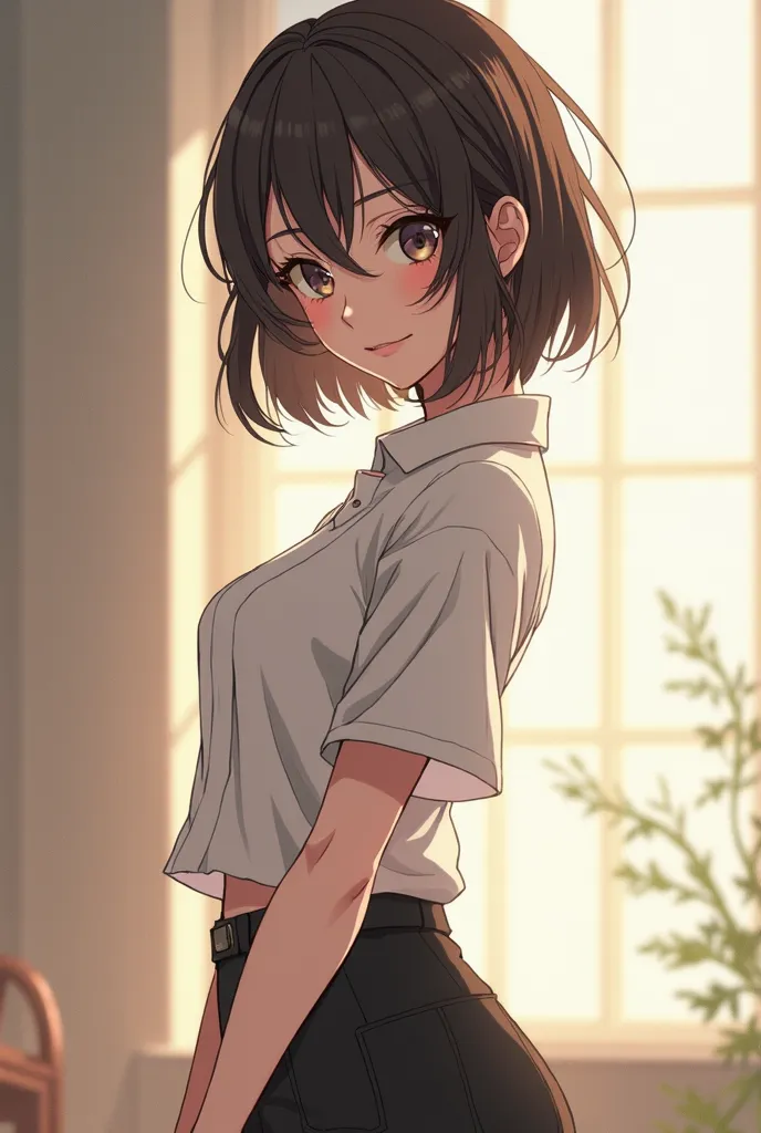  anime girl with a small waist wearing a very tight shirt