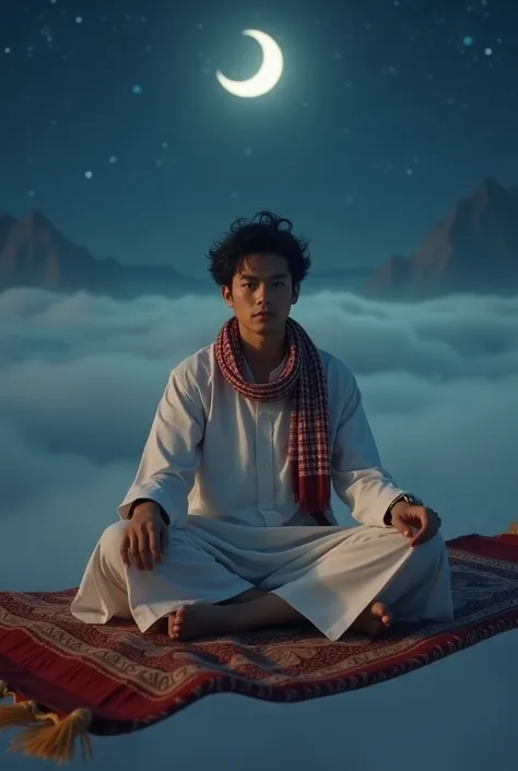 Japanese male ager, aged 20 years, The kufiah is white, Brown Muslim gamis, A very small checked scarf with a combination of red and white, sitting cross-legged on Aladdin's flying carpet, Background of the night sky and Crescent moon and desert peaks, The...