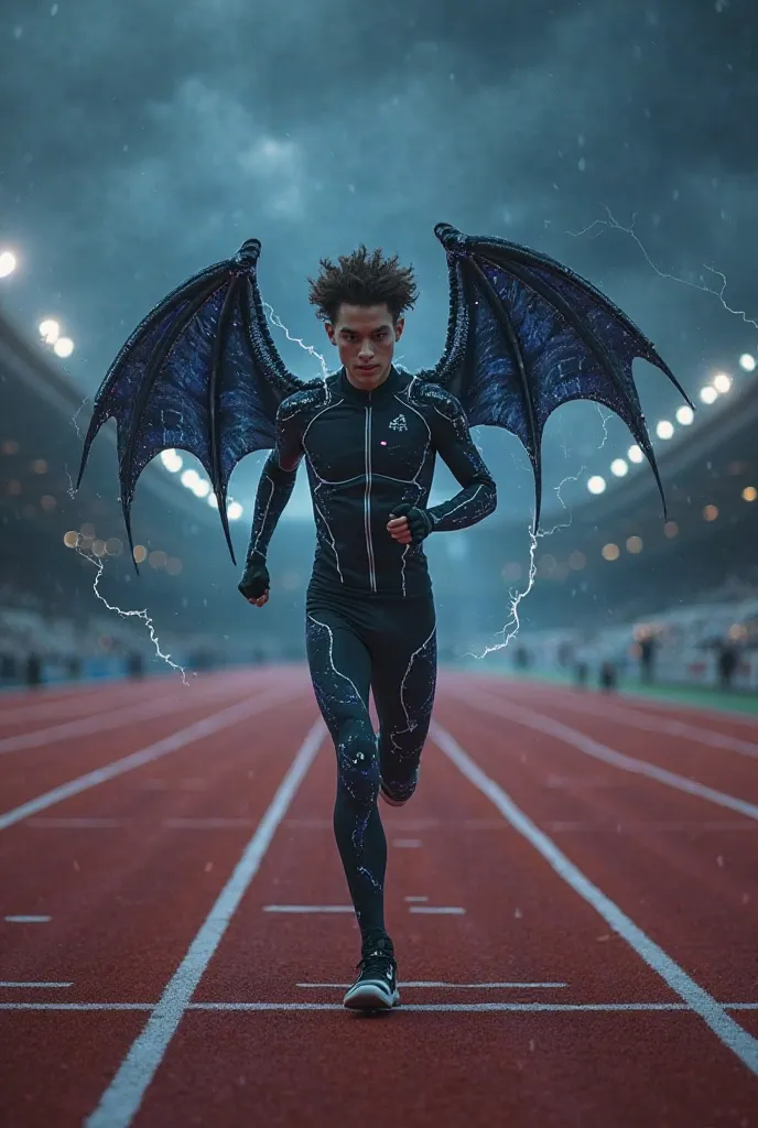 6-lane athletics track,red track with white lines.
In the,a thin athlete with short curly hair runs on his shoulders.
The athlete will wear a dark cybernetic suit in black and blue,will also have small dragon wings.
The athlete will have electrical powers....