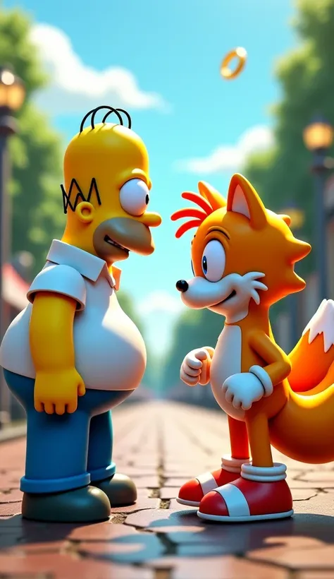 "A stunning, ultra-realistic 8K depiction of an intense face-off between Homer Simpson and Tails from the Sonic universe, both standing full-body, staring each other down as if about to engage in a heated battle. Homer Simpson, rendered in a highly detaile...