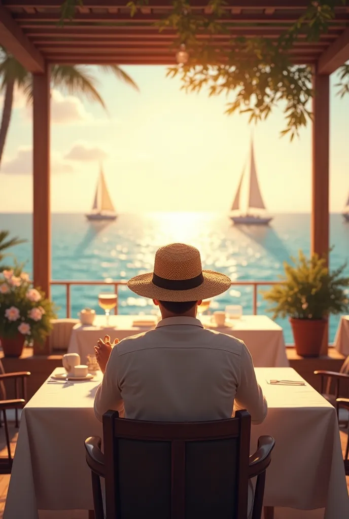 generate me a picture of a straw hat man seating in a overviewing restaurant with the sea in the view