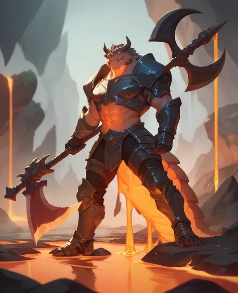 Creature made of lava, wearing a black armor, holding an axe