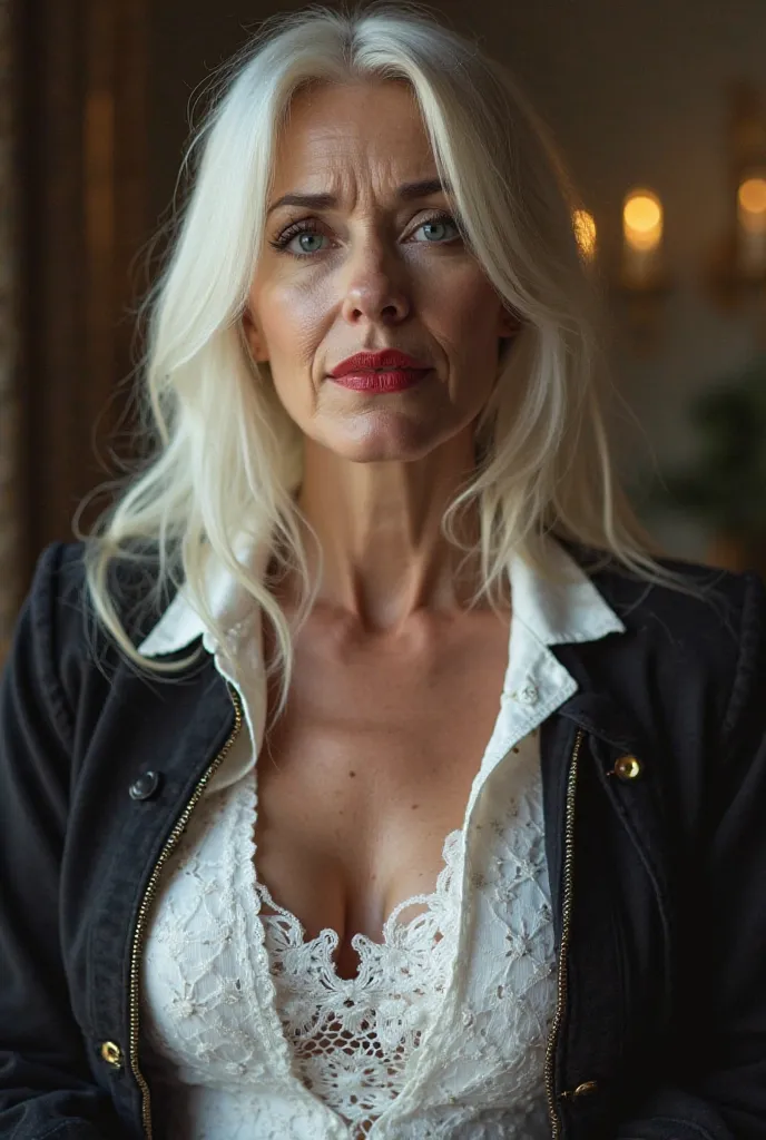 Woman 60 years old platinum blonde hair straight half hair very distinguished size blue eyes red lips. She wears a white lace shirt and a Chanel jacket.. He&#39;s not wearing pants. stiletto shoes. She's crying,  of foot,  In the center of a room .