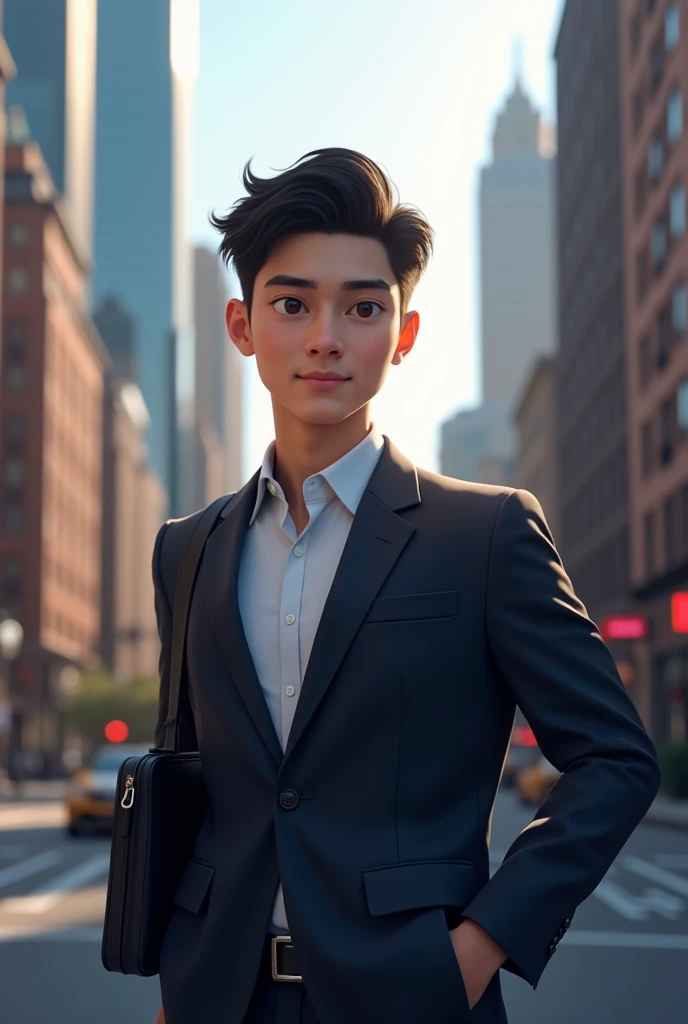 young adult male psychologist with black and straight hair, With a black briefcase , In New York 