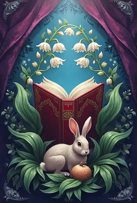 Make a family crest like this use purple and blue as the colors use a closed book to represent shyness, use a rabbit as my animal, and is a lily of the valley flower 