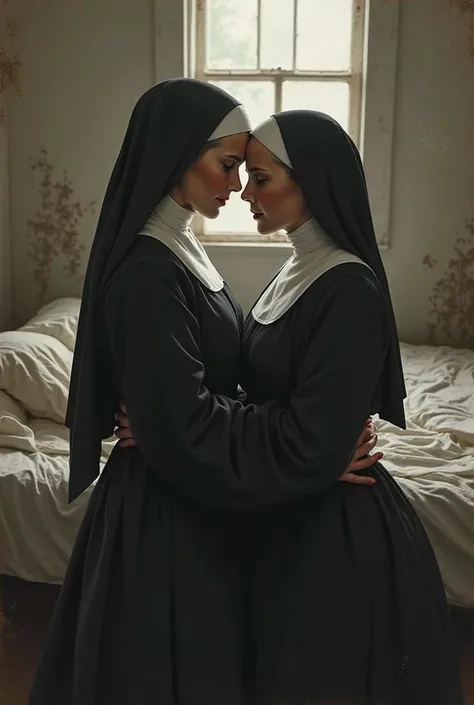 Naked young nun kissing older nun in bed