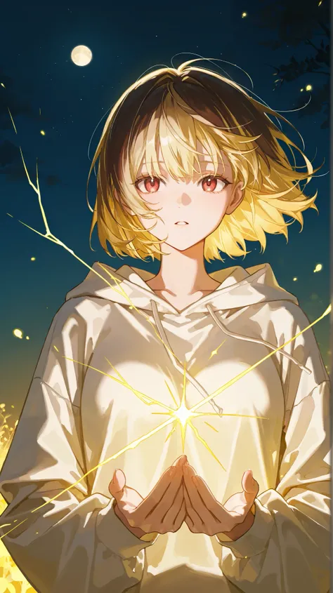 1girl, blonde, blond golden hair flutters in the wind, dark brown with red eyes, dark brown eyes with a red tint, A girl in a white oversized hoodie, holding a golden light, a clot of golden yellow energy in the shape of a heart, light in the palms, Shine,...