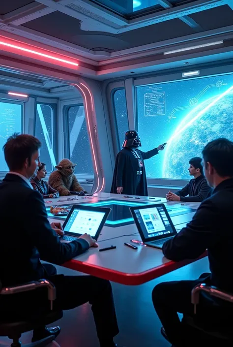 "A futuristic classroom set in a high-tech space station with a panoramic view of the galaxy, filled with advanced holographic technology. A professor, resembling a Jedi Master, is at the center of the room, teaching entrepreneurship and cutting-edge techn...