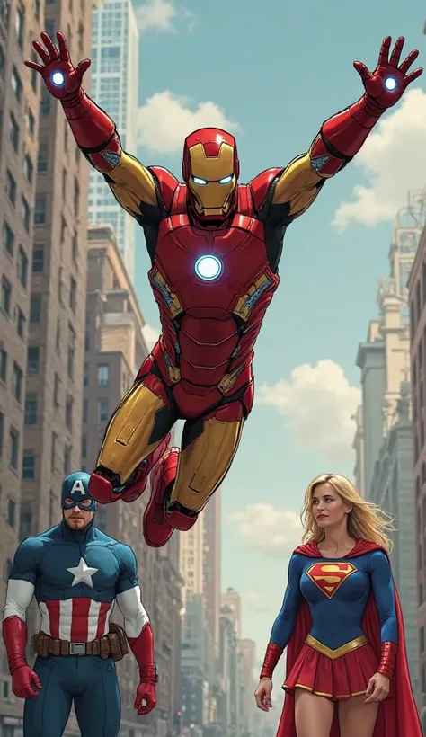 Iron Man, without his armor, is mid-air in a jumping pose, arms stretched out, believing he can fly. A moment later, he’s about to fall face-first onto the floor. Captain America watches with wide eyes while Supergirl hides a laugh in the background.