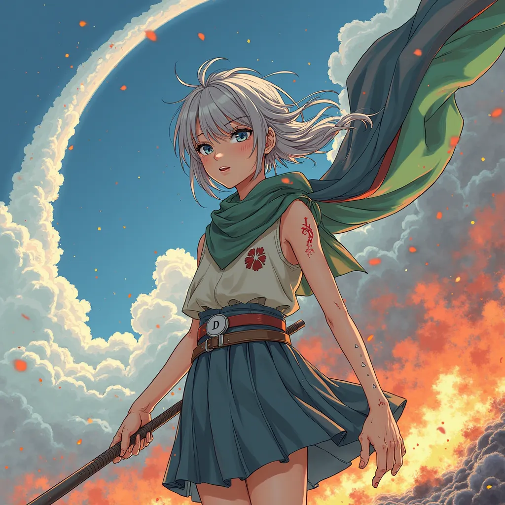 Image d'une fille de 15 ans, les cheveux gris long ayant une cicatrice en forme de "D"sur l'epaule, tenant un baton avec au bout un grand drapeau horizontale bleu, vert et rouge, en enfer, un énorme arc en ciel surplombant le ciel orageux. Il a quelques éc...