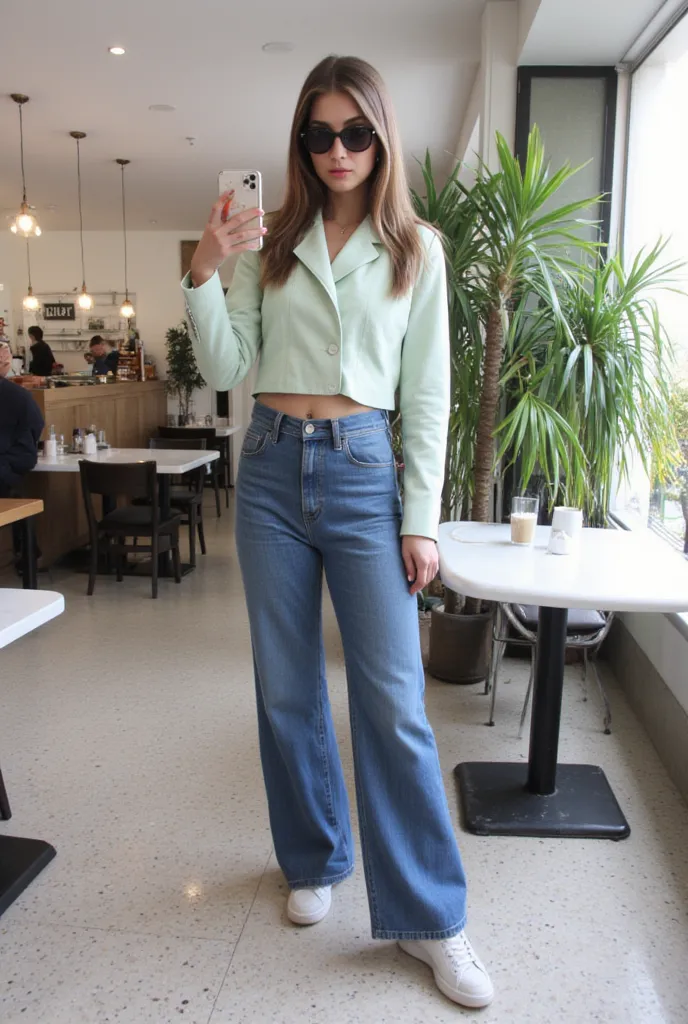 Eden, a 23-year-old influencer from Hamburg, tall and slender with long, dark blonde hair, takes a high-angle selfie in a trendy café. She is dressed in a stylish, modern outfit: oversized sunglasses, a cropped designer blazer, high-waisted wide-leg jeans,...