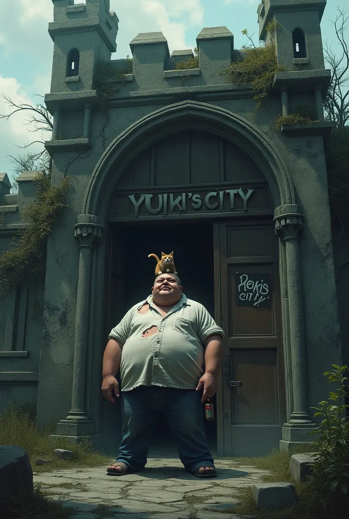 neglected castle where an evil scary witch lives
In front of him is an obese man with a ripped shirt and a cat on his head, a beer bottle in my hand and Yuuki's city written on the door entrance.