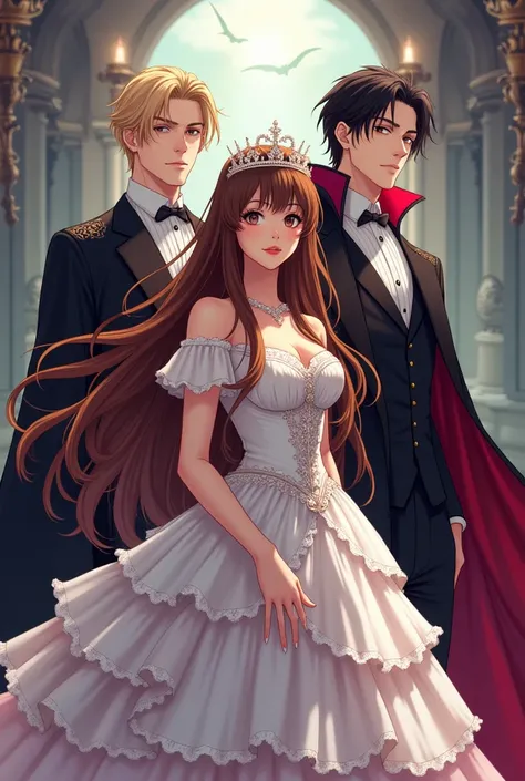 anime cover female lead brown hair wearing princess dress male female blonde hair and male main black hair is vampire