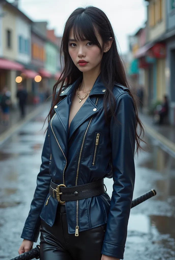 Beautiful woman,masterpiece,High resolution, Highest quality, 
Photorealistic,(20 years old),
A beautiful woman、Face similar to Yui Aragaki、Perfect Face、
(small face),(round face:1.2),unbony face,
((Navy blue leather fright jacket)),unzipperd,
front drawst...