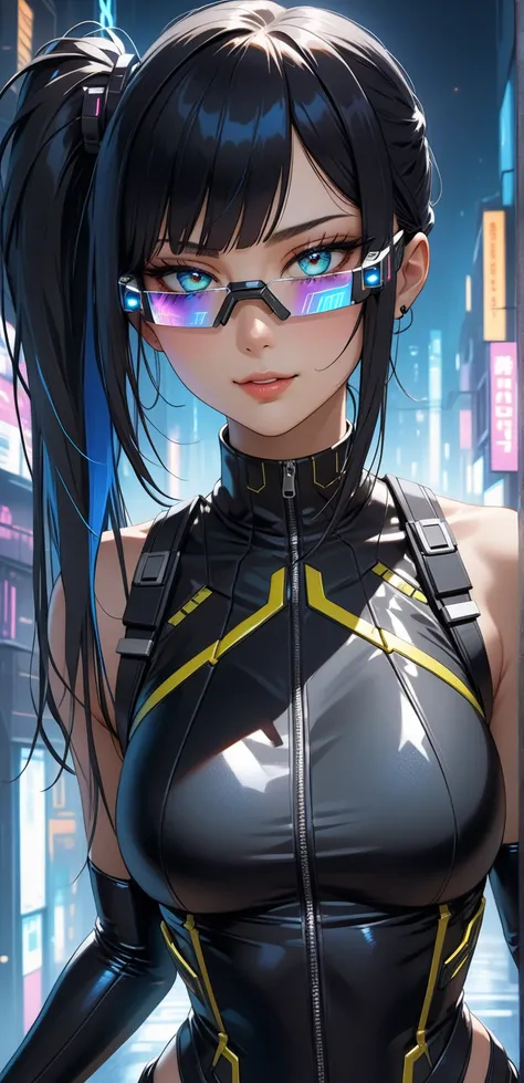 Close up, upper body, Random Sexy pose , ((Ultra detailing)), ((very aesthetic, best quality, ultra detailed)), intricate details, 1girl, ((long hair, Black hair, Side ponytail, blue inner hair)), ((Multi colour eyes)), ((Detailed eyes)), ((Beautifull eyes...