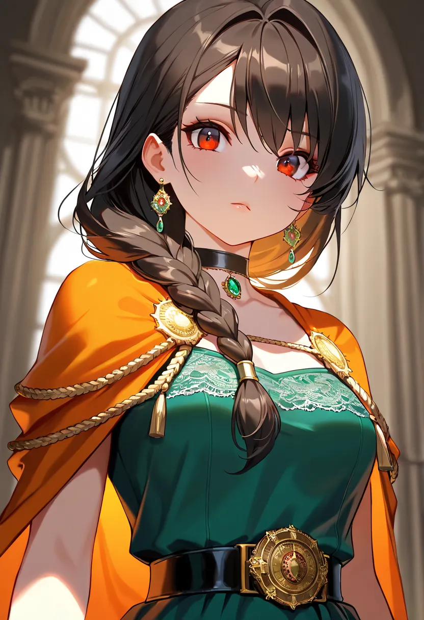 dqBianca, single braid, hair over shoulder, earrings, choker, orange cape, green dress, belt, high quality, high resolution, 8k, 4k, Ultra HD, intricate details, sharp focus, masterpiece, award-winning, cinematic lighting