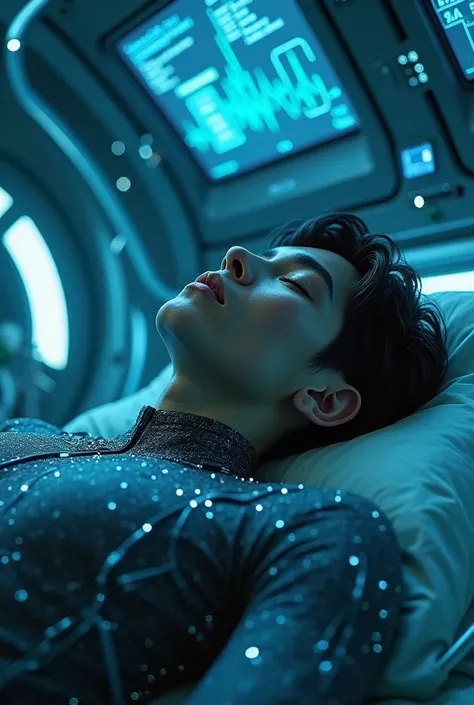 A cinematic image in ultra realistic 8K resolution, capturing the protagonist lying in a special quantum teleportation bed. Your body is connected by cables and sensors that glow in bluish tones, indicating the preparation for a high-risk experiment.
The p...