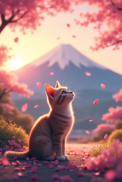 Mt. Fuji, Cherry Blossoms, and Cats- Spring Sunset Abiru A scene of a cat looking up at cherry blossoms in full bloom with Mt. Fuji in the background。
