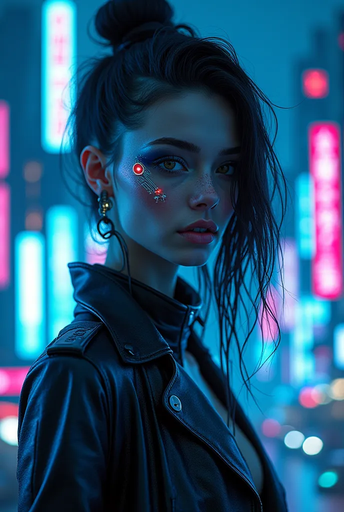 Nft  with cyber girl, city, blue neon lights, 