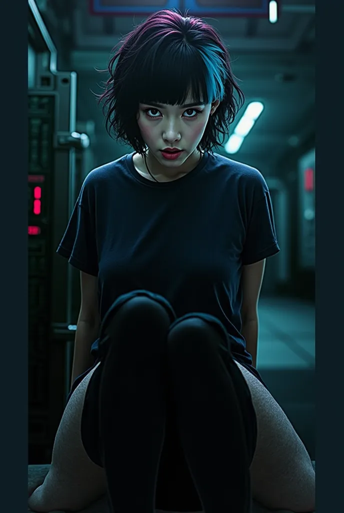 
David fincher lighting style realistic, half asian, near future, black curly hair, short curly angled bob haircut, straight hair bangs,the hair has blue hair streaks and pink hair streaks, black thigh high socks, background, halo, halo armor, sexy, pretty...