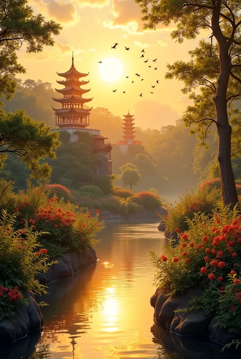 Garden view in heaven with golden palace palace lined with golden palace and the sight of small colorful birds flying among fruit trees and under the valley flows a small river like glass, garden light like golden cool twilight