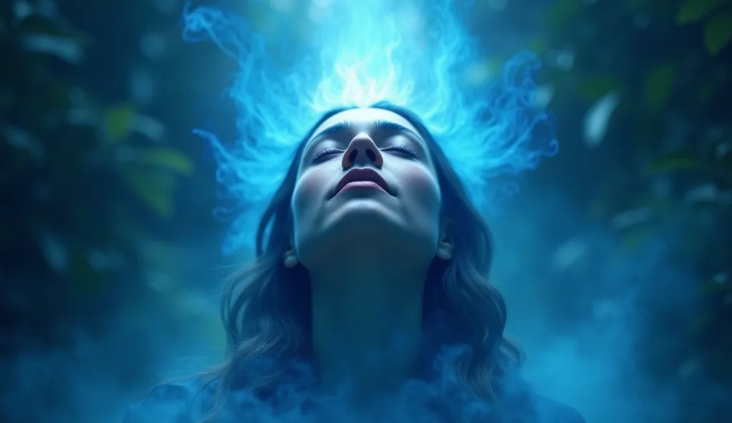 A person with their eyes closed with a bright blue aura around their head, receiving spiritual vision.