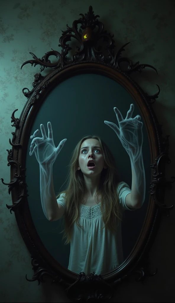 Black hands reach out from the mirror, reaching out towards the terrified girl, as the screen begins to fade to black, showing a thrilling ending.