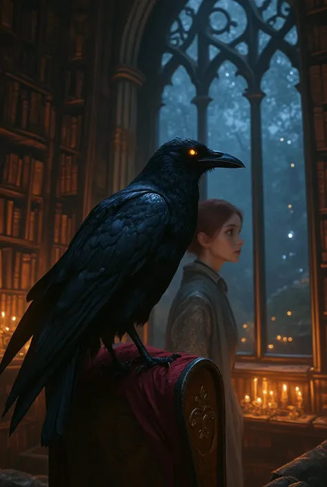 A large raven with glowing yellow eyes perches on the back of an ornate wooden chair in a grand, dimly lit library. Towering bookshelves filled with ancient tomes and mystical artifacts surround the space, their shadows stretching under the warm candleligh...