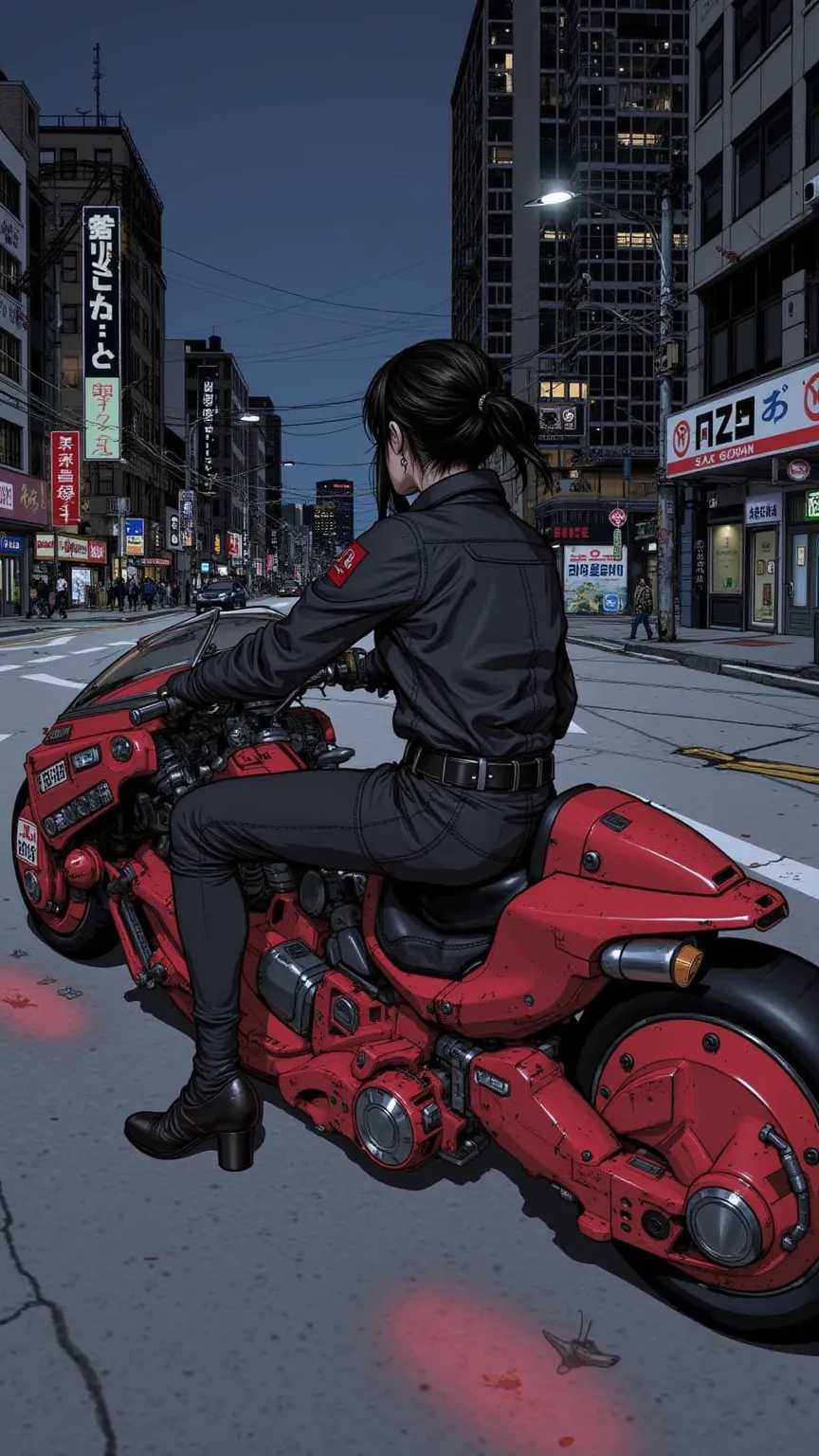 movie poster、A woman riding a motorcycle in the night city is accelerating、Motorbike runs through the highway at night、Buildings、The red taillight line is blurry、flowing taillights、Scenery flowing 、masterpiece、High Resolution、high detail、Ultra High Precisi...