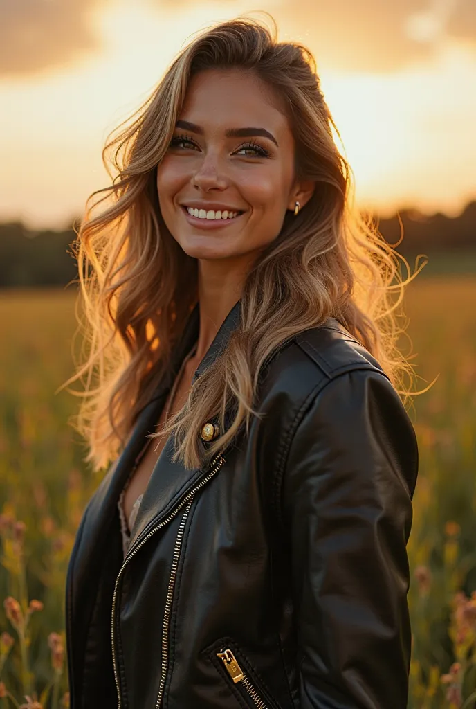 32 year old woman,beautiful facial features,warm smile,upbeat expression,standing pose,faux leather jacket,high-end luxury look,18k gold accents,stunning atmosphere,serene countryside landscape,golden sunlight,lush greenery,dramatic clouds,intricate detail...